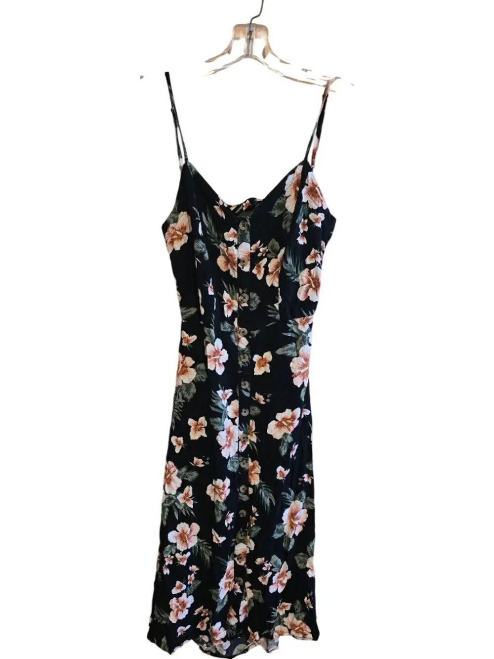 Floral Button-Front Midi Dress Spaghetti Straps boho flower power garden party